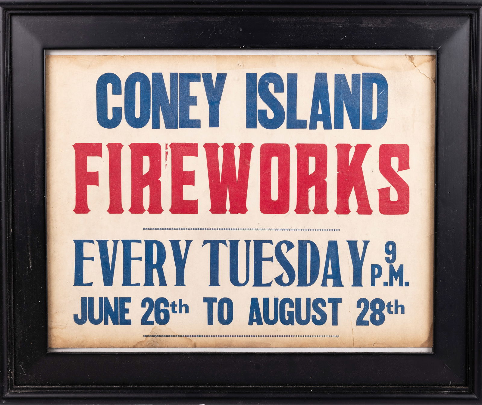 A CONEY ISLAND FIREWORKS SIGN. Brooklyn, mid 20th century. Blue and red small sign advertising the (1 of 1)