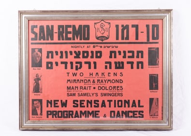 A POSTER FROM THE SAN REMO THEATER. British Mandate Palestine, c, 1920. Promoting events at the San
