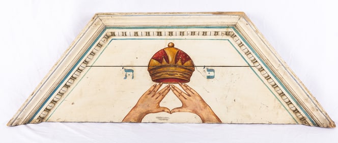 A WOODEN ARK TOP. American, c. 1920. White background with painted Cohanic priestly hands topped