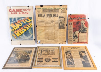 A GROUP OF SIX WWII AND COMMUNISM ASSOCIATED POSTERS AND NEWSPAPERS. C. 1940. Includes newspapers