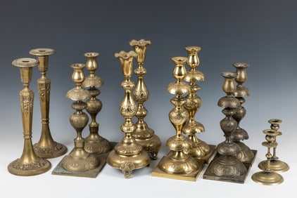 A COLLECTION OF SIX PAIRS OF SABBATH CANDLESTICKS. Warsaw, c. 1880. Of various styles and types. All