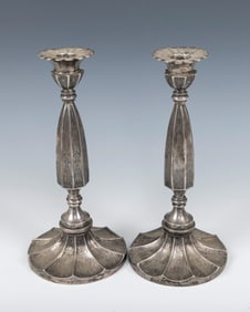 A PAIR OF SILVER SABBATH CANDLESTICKS. Probably Austria, 19th century. Acid etched designs on a