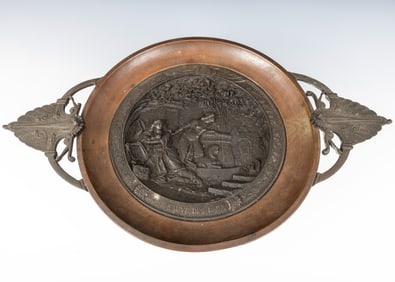 MASSIVE BRASS COMPOTE BY C. PERRON. France, c.1880.   Graphically depicting the scene of the saving