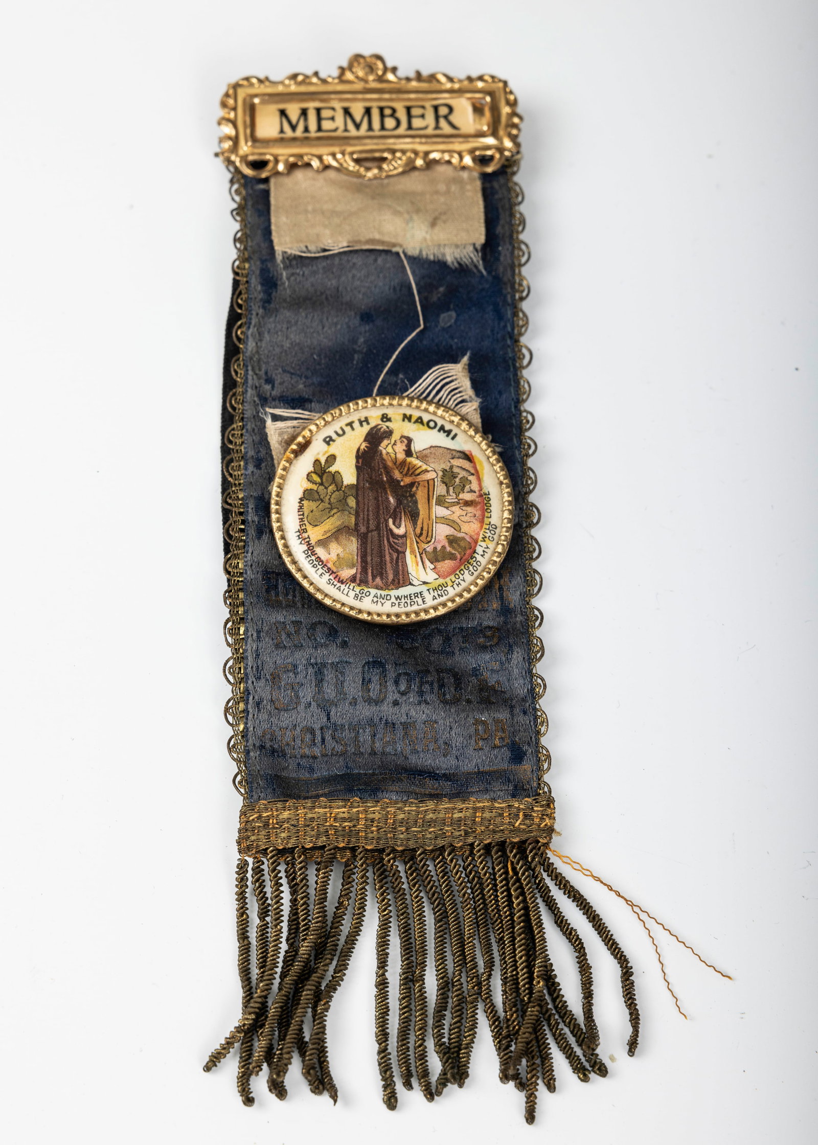 A MEMBERSHIP PIN TO A SOCIETY. American, c. 1900. Acknowledging Ruth and Naomi 7?? long.: A MEMBERSHIP PIN TO A SOCIETY. American, c. 1900. Acknowledging Ruth and Naomi 7” long.
