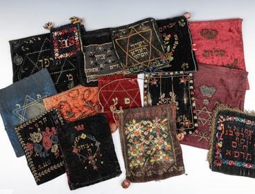 A COLLECTION OF 15 EARLY TALLIS AND TEFILLIN BAGS. Continental and American, c. 1880 - 1920. All are