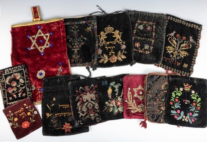 A COLLECTION OF 12 EARLY TALLIS AND TEFILLIN BAGS. Continental and American, c. 1880 - 1920. All are