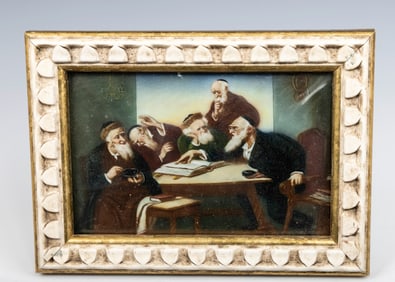 A SMALL DEPICTION OF A TALMUDIC DISCUSSION ON PORCELAIN. Continental, c. 1900. Depicting five