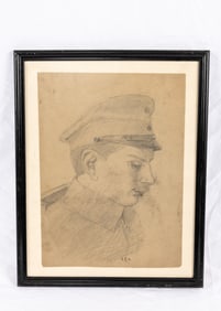 A PENCIL DRAWING OF A RUSSIAN SOLDIER. Soviet Union, c. 1920. Depicts the head of a soldier in a Red