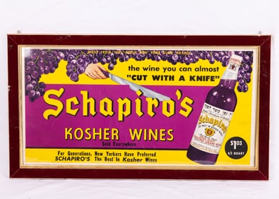 A CARDBOARD ADVERTISEMENT FOR SCHAPIRO'S KOSHER WINE. New York, c. 1940. 21" x 10.8".
