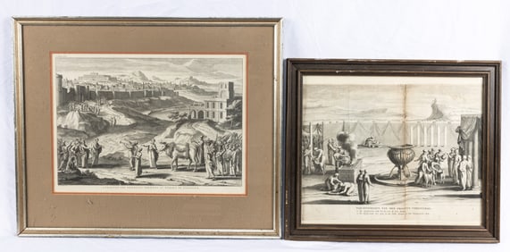TWO LARGE EARLY BOOKPLATE PRINTS. Continental, c. 1800. Each one depicting a scene from the Temple