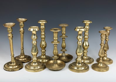 A GROUP OF FIVE PAIRS OF BRASS CANDLESTICKS. Russian, English and Continental, 18th and 19th