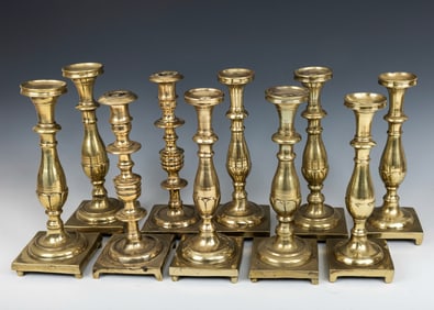 A GROUP OF FIVE PAIRS OF BRASS CANDLESTICKS. Russian, English and Continental, 18th and 19th