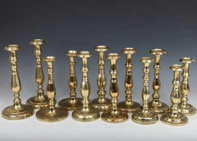 A GROUP OF SIX PAIRS OF BRASS CANDLESTICKS. Russian, English and Continental, 18th and 19th