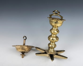 A LARGE BRONZE JUDENSTERN. Germany, c. 1800. Star shaped oil holders with original parts.