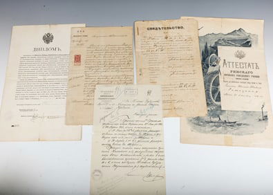 A COLLECTION OF RUSSIAN DOCUMENTS. Pre-revolution Russia, c. 1900. Including an 1882 birth