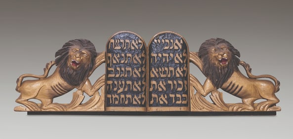 A LARGE PAIR OF HAND CARVED WOODEN LIONS FROM AN ARON KODESH. United States, c. 1900.  The lions are