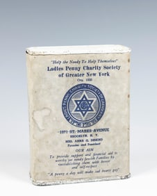 A TIN CHARITY CONTAINER COLLECTING FUNDS FOR THE LADIES PENNY CHARITY SOCIETY OF GREATER NEW YORK.