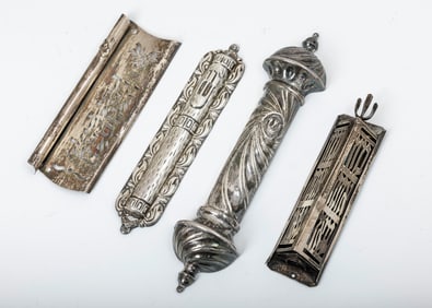 A GROUP OF FOUR STERLING SILVER MEZUZAH CASES. Mostly Israel, modern. Two in modernist form and two