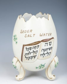 A LARGE PORCELAIN  SALT WATER CONTAINER. New York, 1930’s. Hand painted in Yiddish. 6?? tall.