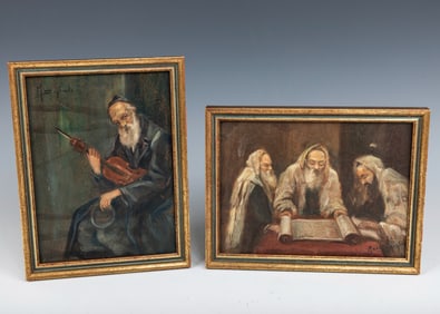 TWO OIL ON BOARD PAINTINGS. Continental, c. 1900. Orthodox rabbis reading from a Torah scroll and a