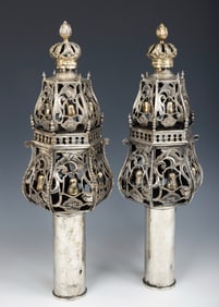 A PAIR OF LARGE SILVER TORAH FINIALS. Probably Germany or The Netherlands, c. 1900. On thick and