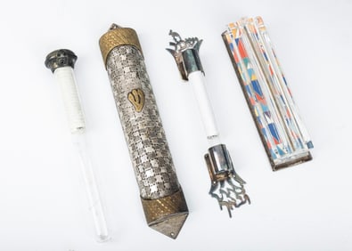 A GROUP OF FOUR MEZUZAH CASES. Israel, modern. Including a chipped Agam and 2 silver mezuzah cases