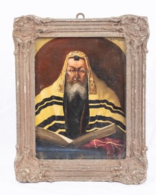 OIL ON BOARD. Chassidic man with tefillin. 19th century. Signed K. Bruckner. 8.5?? x 7??.