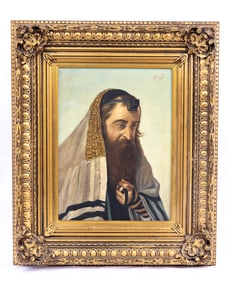 OIL ON BOARD. Chassidic man with tefillin. 12?? x 9??.