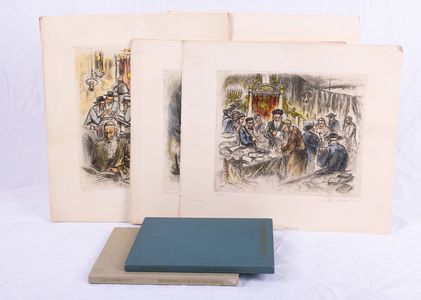 A COLLECTION OF 9 PRINTS BY IRA MOSKOWITZ. Of Jewish scenes. Accompanied by two  of the artist (1 of 1)