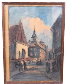 A PASTEL OF THE ALTNEU SYNAGOGUE. Prague, c. 1900.  Street scene 17?? x 12??.