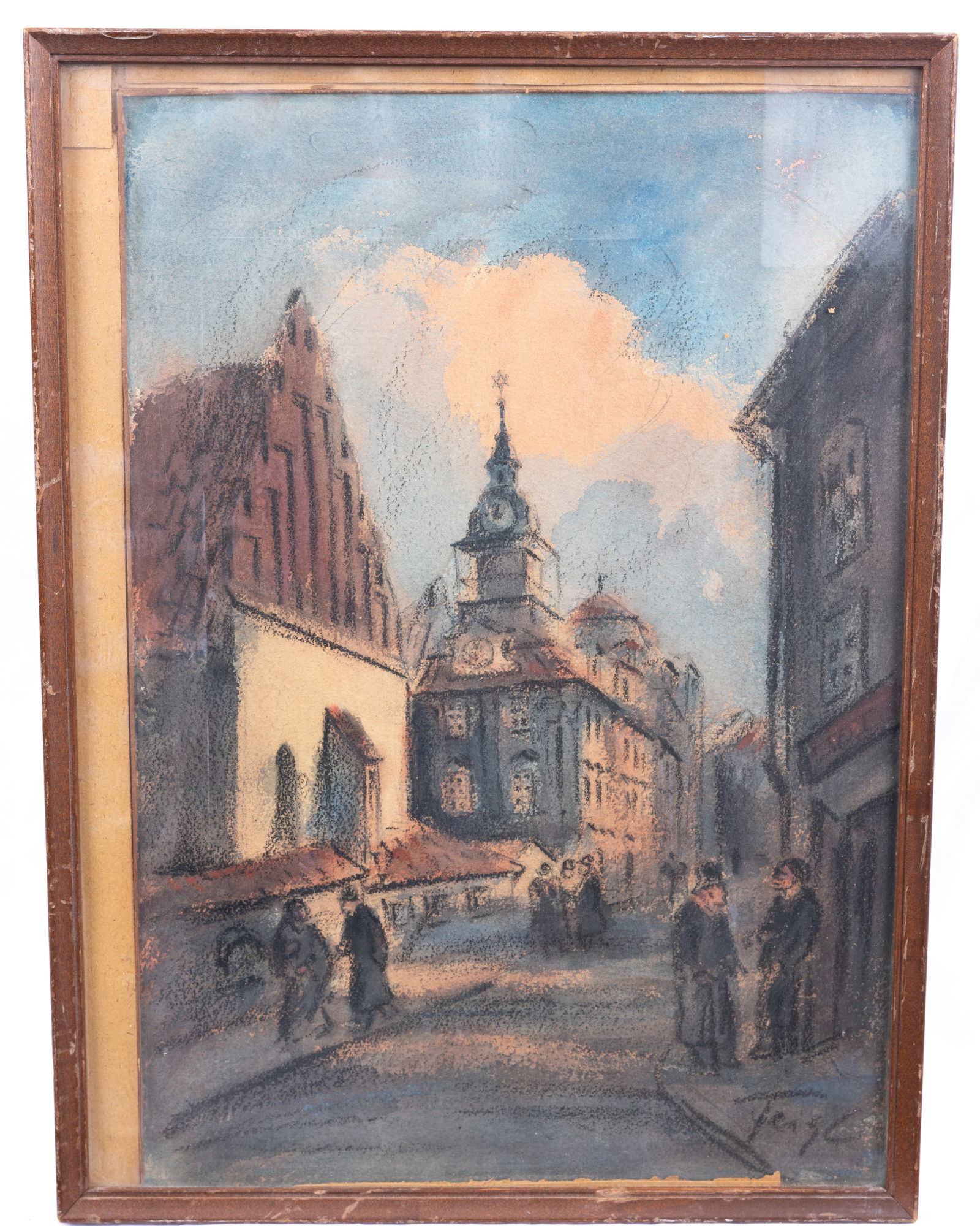 A PASTEL OF THE ALTNEU SYNAGOGUE. Prague, c. 1900.  Street scene 17?? x 12??. (1 of 1)