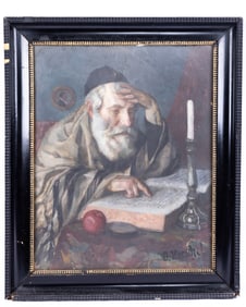 OIL ON BOARD BY OTTO HERSCHEL. Of an elderly rabbi reading by candlelight. 20?? x 18??.
