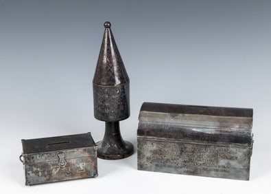 TWO CHARITY BOXES AND A SPICE TOWER. Probably American, 20th century. Modern form.