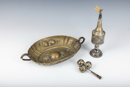 A GROUP OF THREE SILVER PLATED OBJECTS. Including a spice tower, a whistle and a dish.