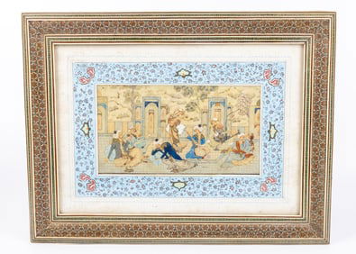 A PERSIAN PAINTING,BY ALI YOUSEF ZAD ? in inlay frame. Of various people engaged in activity.