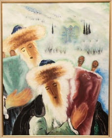 IN THE MANNER OF REUVEN RUBIN. Oil on canvas. Rabbis with Torahs. 30" x 24".