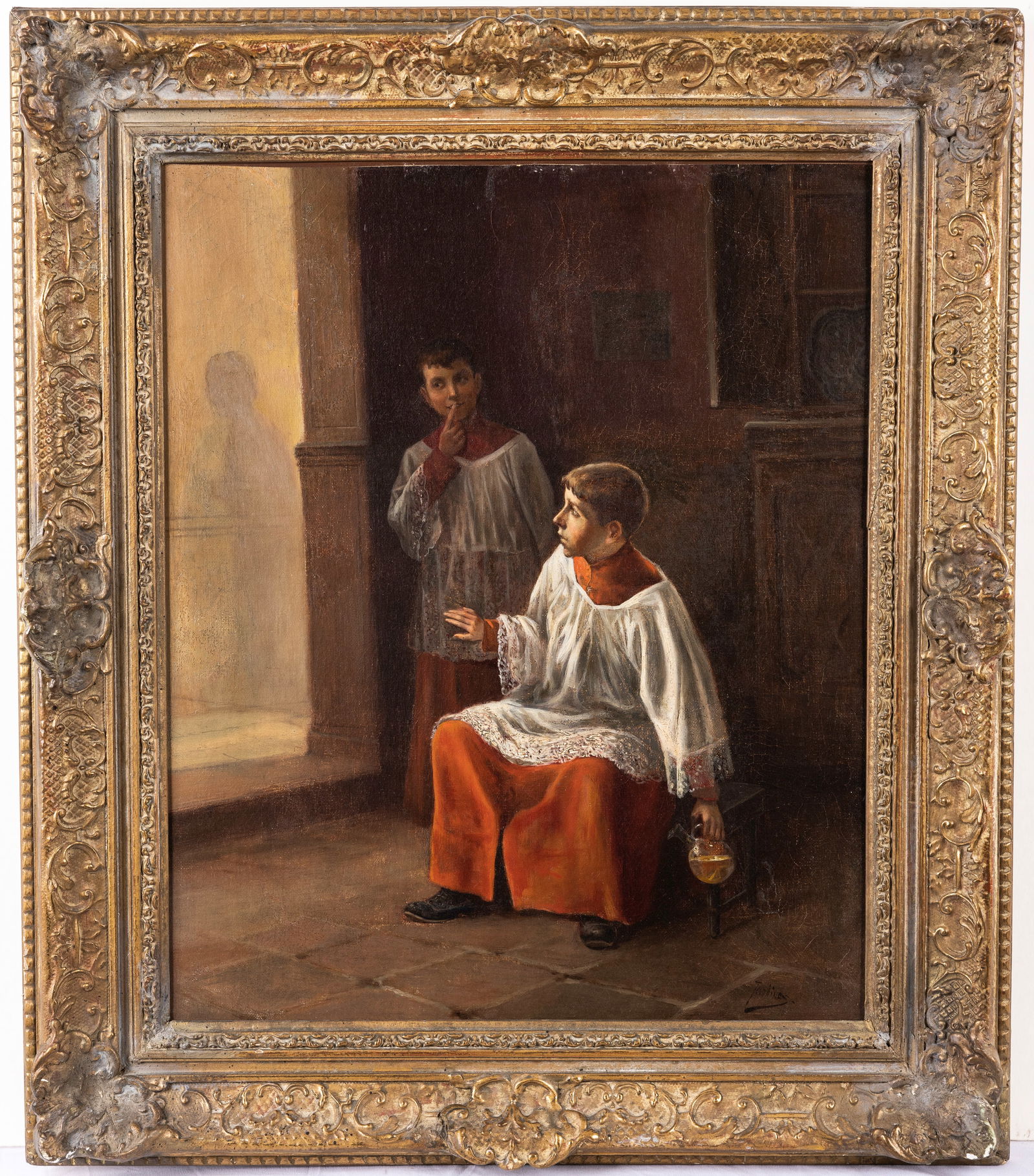 OIL ON CANVAS. JOSE MARIA JARDINES. Spain (1862-1914). Choir boys. 17.5?? x 15??. (1 of 1)