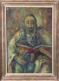 OIL ON CANVAS. SANDRA LERNER, American. 1943. Rabbi in multicolor. Some small chipping is evident.