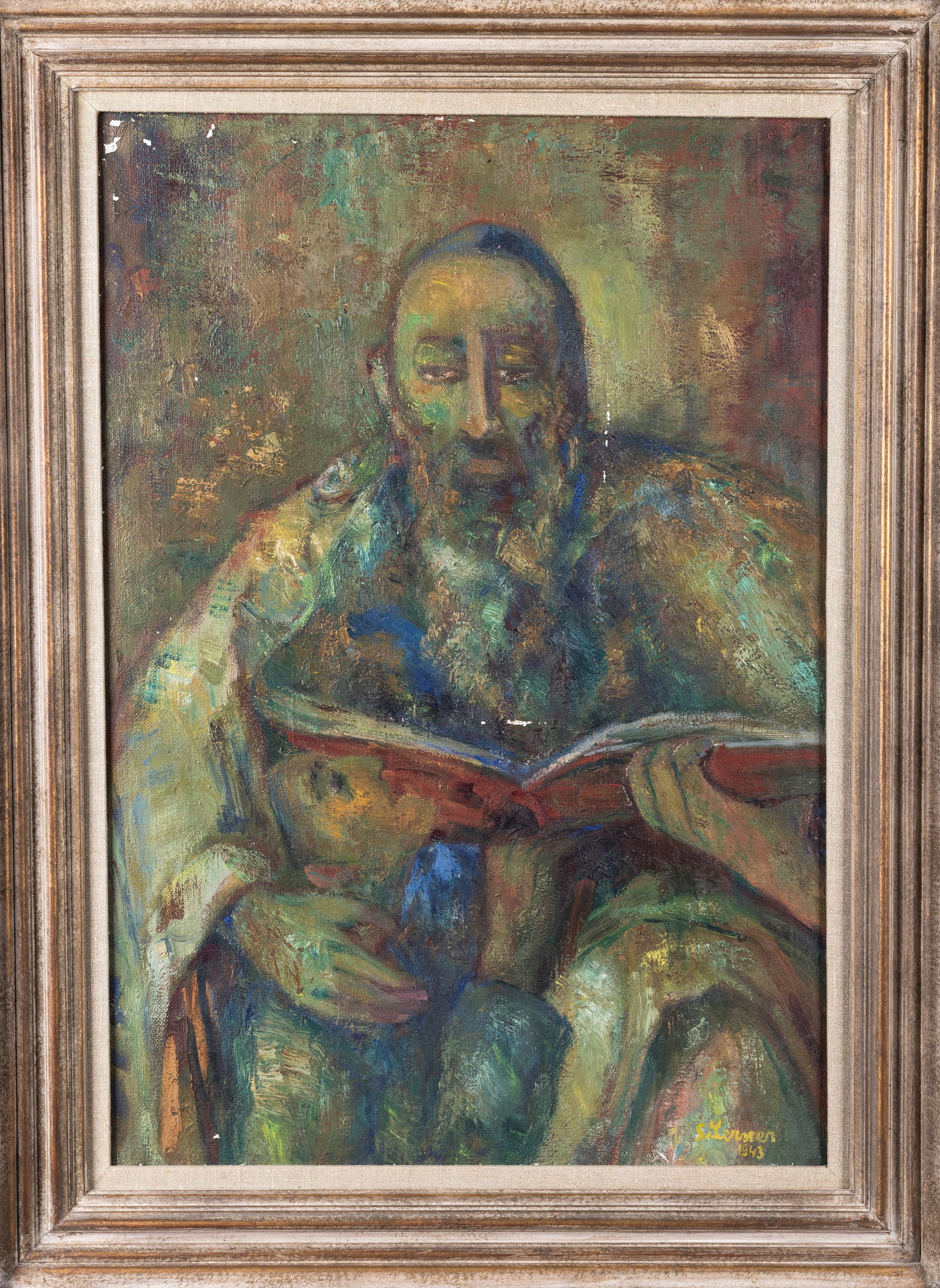 OIL ON CANVAS. SANDRA LERNER, American. 1943. Rabbi in multicolor. Some small chipping is evident.: OIL ON CANVAS. SANDRA LERNER, American. 1943. Rabbi in multicolor. Some small chipping is evident. 24” x 17”.