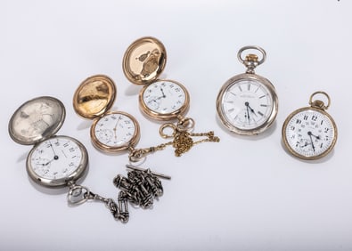 TWO STERLING SILVER POCKET WATCHES BY THE AMERICAN WALTHAM WATCH COMPANY AND THREE GOLD FILLED