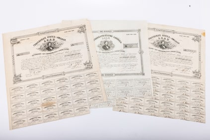 CIVIL WAR: THREE CONFEDERATE&nbsp; LOAN BONDS. Richmond, February 3, 1863, December 10, 1862 and