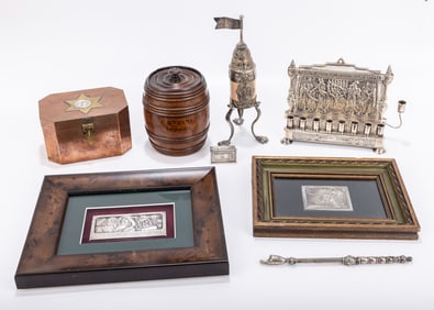 A GROUP OF JUDAICA OBJECTS. Including an early copper etrog box, silver and bone spice container,