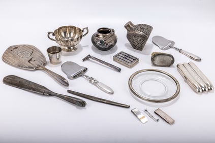 A GROUP OF STERLING SILVER TABLEWARE AND GROOMING ITEMS. Including a Sterling Razor, brushes, two