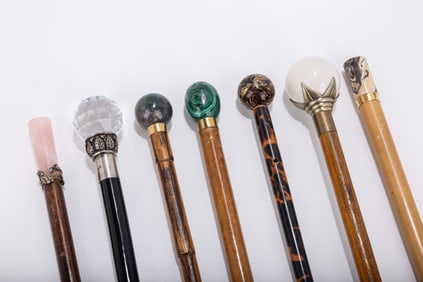 A GROUP OF SEVEN DRESS CANES. Various stone, agate and crystal grips. Various lengths, mostly