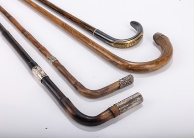 A GROUP OF FOUR CROOK & SQUARE HANDLED CANES. Probably American, c. 1900. Including two crook