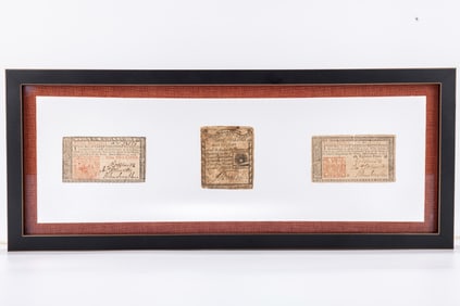 THREE FRAMED PIECES OF COLONIAL CURRENCY. Including a 1776 New Jersey Three shilling, a 1779 Boston