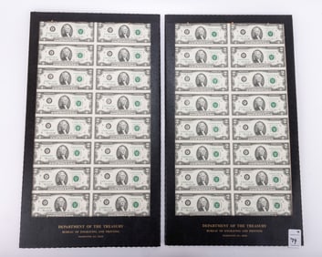 TWO 1976 UNCUT SHEETS OF $2 BILLS FROM THE DEPARTMENT OF THE TREASURY. In the original packaging