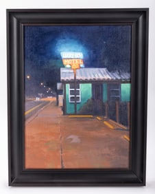 CARL BRETZKE, LUCKY BOY MOTEL. Oil on canvas. Signed. 11.1â€? x 16.5â€?.