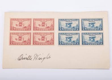 ORVILLE WRIGHT. A FOUNTAIN PEN SIGNATURE ON AN OFF WHITE 7" X 3.7" CARD. With eight