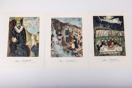 A GROUP OF THREE COLOR PRINTS OF FAMOUS CHAGALL PAINTINGS. Each is signed by Chagall in black